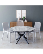 פינת אוכל עגולה בגוון שיש אפור דגם פירנצה עם 4 כסאות בגוון לבן