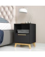 שידת לילה עם מגירה ורגליים מעץ מלא דגם Donna צבע שחור