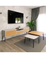 סט מזנון 180 ס"מ וזוג שולחנות לסלון דגם שווייץ לבן משולב