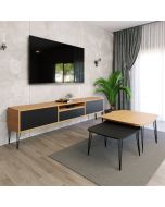 סט מזנון 200 ס"מ וזוג שולחנות לסלון דגם שווייץ שחור משולב