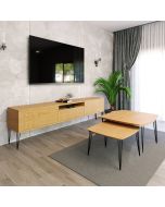 סט מזנון 200 ס"מ + זוג שולחנות איכותיים דגם שוויץ עץ טבעי