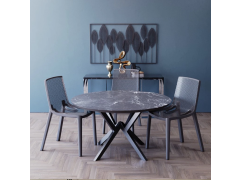 פינת אוכל עגולה בגוון גרניט שחור דגם רומא + 4 כסאות בגוון אפור