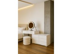 שידת איפור לבנה+מראה דמוי שיש והדום-דגם ליאן