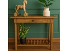 קונסולת עץ מלא בעיצוב כפרי עם מגירה ומדף תחתון