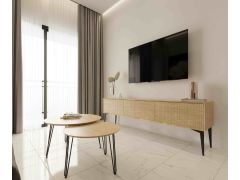 סט מזנון רוחב 1.8 מטר וזוג שולחנות לסלון דגם קיסר בגוון עץ טבעי