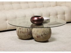 שולחן סלון עגול בקוטר 110 ס"מ זכוכית משולבת עץ אשוח בגוון טבעי דגם ספירה