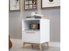 שידת לילה עם מגירה ורגליים מעץ מלא דגם Donna צבע לבן