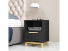 שידת לילה עם מגירה ורגליים מעץ מלא דגם Donna צבע שחור