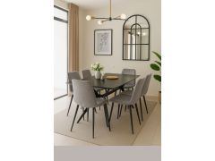 פינת אוכל מקרמיקה עם 6 כיסאות קטיפה גוון אפור בהיר דגם טוסקנה-ריביירה