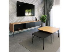 סט מזנון 180 ס"מ וזוג שולחנות לסלון דגם איסלנד בלאק משולב