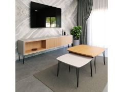 סט מזנון 200 ס"מ וזוג שולחנות לסלון דגם איסלנד לבן משולב