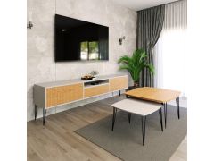 סט מזנון 200 ס"מ וזוג שולחנות לסלון דגם שווייץ לבן משולב