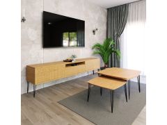 סט מזנון 200 ס"מ + זוג שולחנות איכותיים דגם שוויץ עץ טבעי