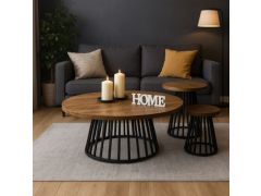 סט 3 שולחנות סלון עגולים בגוון עץ טבעי עם רגלי מתכת שחורות