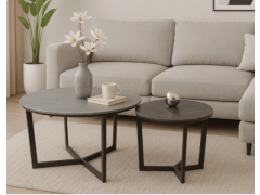 זוג שולחנות סלון עגולים מקרמיקה עם רגלי מתכת שחורות דגם ורונה 