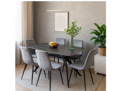 פינת אוכל מקרמיקה עם 6 כיסאות קטיפה גוון אפור כהה דגם טוסקנה-ריביירה