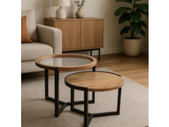 סט שולחנות עגולים מעץ וזכוכית